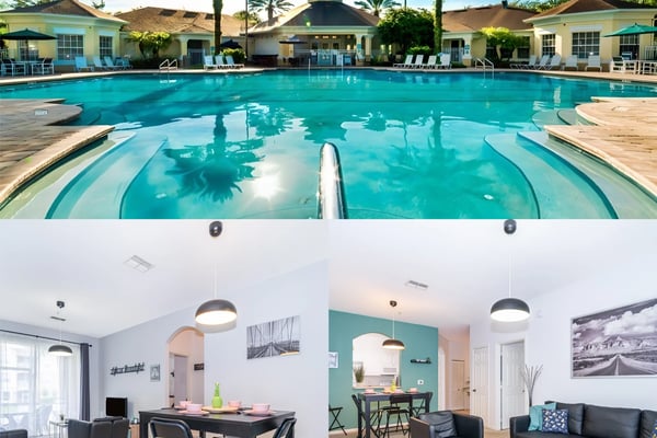 Resort pool with turquoise water, palm trees, and yellow clubhouse buildings; interior views of modern rental units with dining and living areas